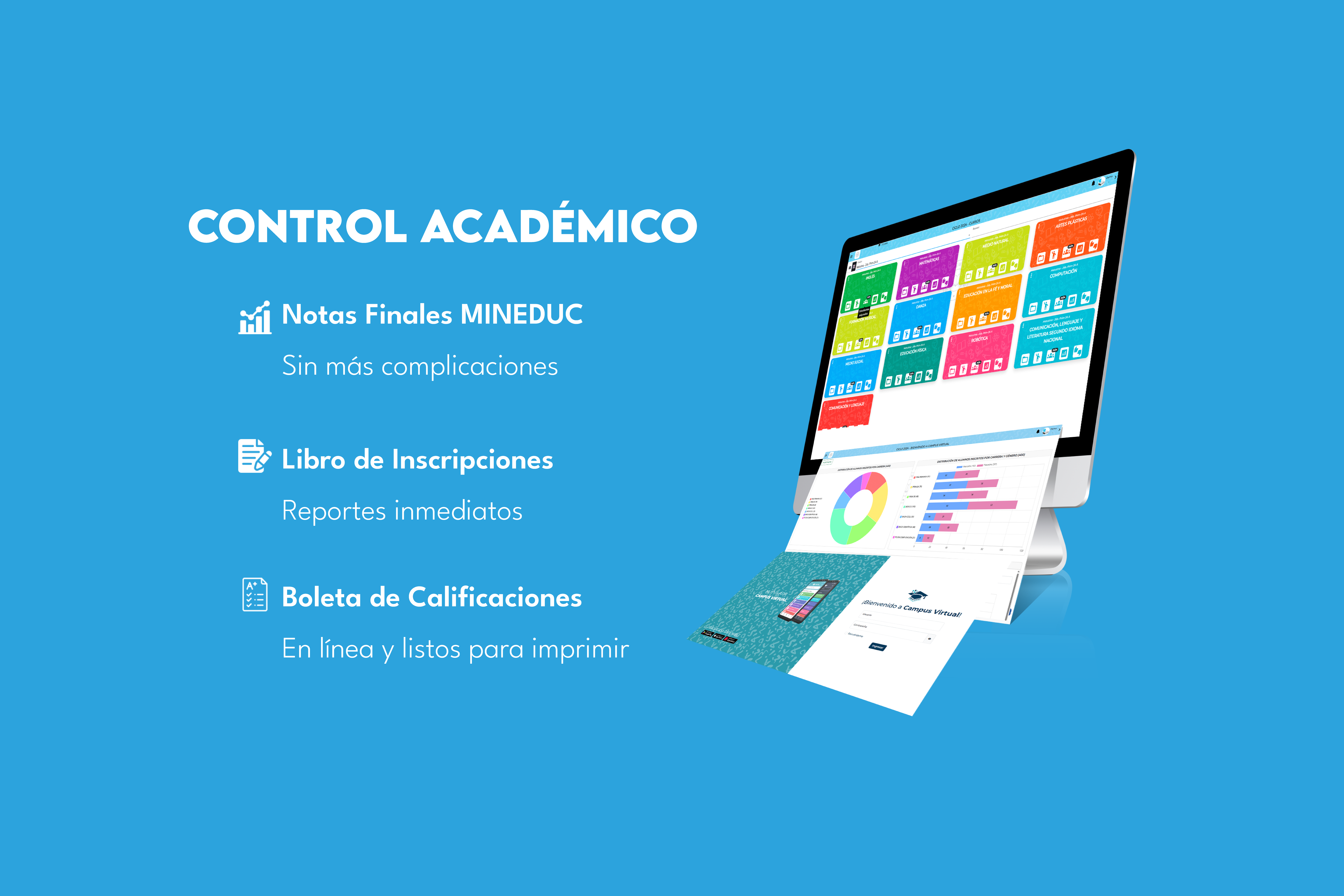 Campus Virtual, ilustración de estudiantes y docentes usando computadoras y tabletas en un entorno educativo digital, ambiente alegre y colaborativo